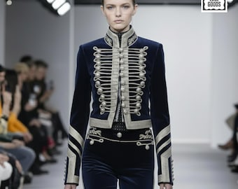 Husaren Jacke Wolle Militär Mantel Blau Bestickt Damenmode Stilvoll