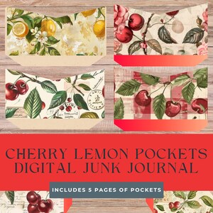 Cherry Lemon Junk Journal Pockets – 5 Printable Pages, 11x8.5&quot; Digital Collage Sheets, Fruit-Themed Ephemera for Scrapbooking & Journals