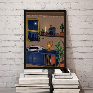 Cozy Vinyl Lover Wall Art – Boho Record Player Digital Print | Retro Music Room Decor | Turntable Aesthetic Illustration