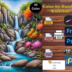 Waterfall Paint by Numbers Kit: 30 Color Nature Landscape (PDF PNG SVG Downloadable Files)