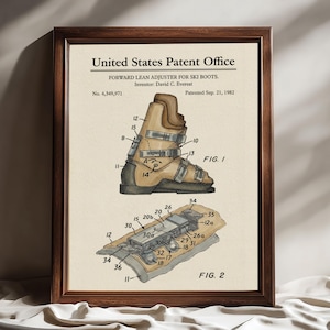 Impresión de patente de bota de esquí de 1982 / Arte de ajustador de inclinación hacia adelante / Póster de plano de equipo de esquí / Decoración de ingeniería / Arte de patente imprimible