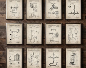 May include: A collection of framed vintage patent prints featuring bathroom fixtures, including toilets, bathtubs, showers, and faucets. The prints are in black and white, with the text "United States Patent Office" at the top of each frame. The frames are displayed on a wooden wall.