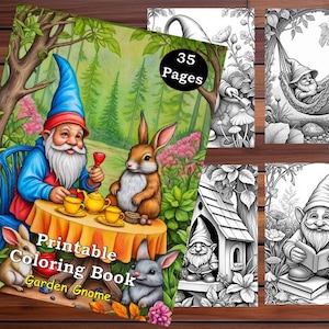 Garden Gnome Coloring Book: 35 Whimsical Grayscale Pages (Instant Download PDF)