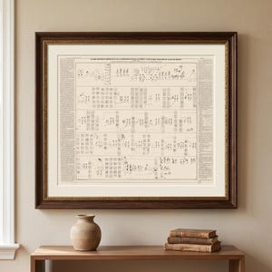 May include: A framed historical print featuring a detailed genealogical chart with numerous small black-and-white illustrations of figures and symbols arranged in rows, accompanied by columns of text on the left and right sides of the document.