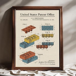 Farbiges Patent Poster, Vintage Spielzeug Baustein Patent, LEGO Wandkunst, Kinderzimmer Dekor, Geschenk für Jungen und Mädchen, Kinderzimmer Wandkunst