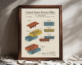 Gekleurde patentposter, vintage speelgoed bouwsteen patent, LEGO muurkunst, kinderkamerdecoratie, cadeau voor jongens en meisjes, kunst aan de muur kinderkamer