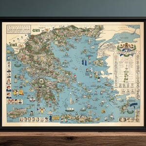 Pode incluir: Mapa vintage emoldurado da Grécia com uma borda preta. O mapa apresenta ilustrações detalhadas das ilhas gregas e do continente, com o texto "Encyclopedic Map of Greece" no topo. O mapa é em tons de azul, verde e bege.