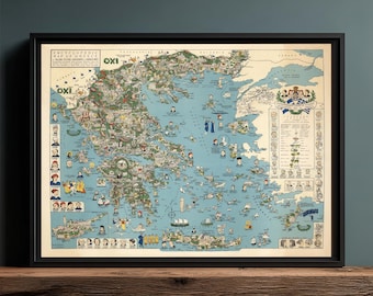 Vintage Illustrated Map of Greece Printable Wall Art, Detailed Greek Map Poster, Educational Travel Map, Aegean Sea Art Decor