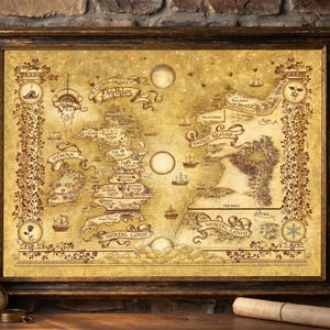 May include: A framed map with a vintage aesthetic, depicting a fantasy world. The map is in shades of tan and brown, with detailed illustrations of landmasses, ships, and celestial bodies. The frame is dark brown.