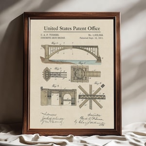 May include: Framed vintage patent print of a concrete arch bridge, dated September 12, 1911. The print includes detailed diagrams and technical drawings of the bridge's construction, with the text "United States Patent Office" at the top.