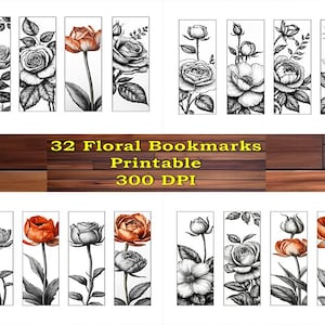 Floral Bookmarks Bundle, Printable Flower Bookmark Set, Vintage Black and White Rose Bookmarks, Botanical Instant Download, Digital Bookmark