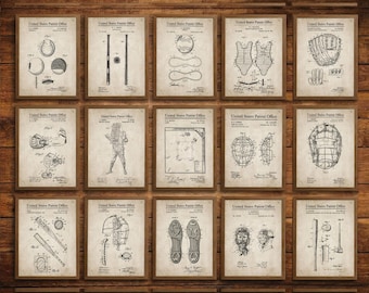 Baseball Patent Print Set of 15, Vintage Baseball Wall Art, Sports Patent Posters, Baseball Bat Glove Art, Man Cave Decor, Instant Download