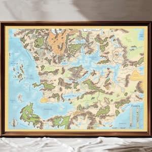 May include: A framed map of the continent of Faerûn, featuring detailed illustrations of mountains, forests, and bodies of water in shades of green, brown, and blue. The map includes a compass rose and a legend labelled Faerûn in the corner.