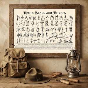 Op de afbeelding: Een ingelijste print met de titel "Knots Bends and Hitches" toont knoopdiagrammen. Een canvas rugzak, een bruine hoed, een lantaarn en gereedschap liggen op een houten oppervlak. De print zit in een houten lijst.