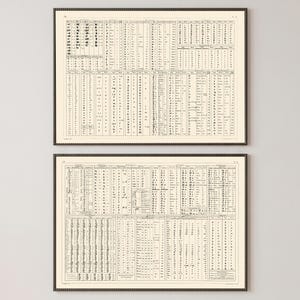 May include: Two framed vintage charts with detailed text and columns. The charts have a cream-colored background with black text and are enclosed in dark brown frames. The charts are likely educational or informational, possibly historical documents.
