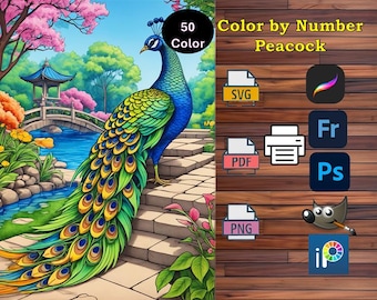 Peacock Paint by Number Kit: Digital Art Templates (PDF, PNG, SVG) Procreate, Fresco