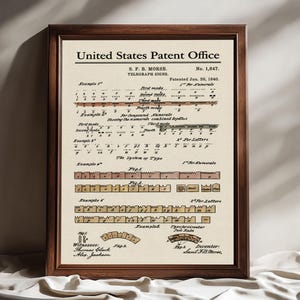May include: Framed vintage patent print of S.F.B. Morse's telegraph signs, dated June 20, 1840. The print features detailed diagrams and text, including examples of telegraph signals and the system of type. The frame is a dark brown color.
