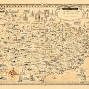 May include: Vintage map of the United States with detailed illustrations of landmarks and cities. The map is in black and white with a compass rose and decorative border. The title "The United States of America" is at the top.