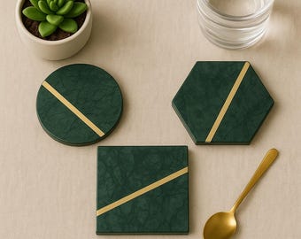 Handmade Dark Green Marble Coasters: Gold Brass Inlay, Elegant Drink Mats