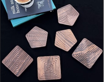 Handcarved Walnut Wood Coasters: Geometric Square & Pentagon Drink Mats