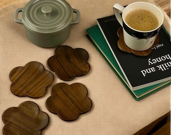 Handcarved Walnut Wood Coasters: Floral Drink Mats, Rustic Decor