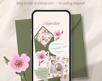 Interactive Birth Announcement Template Canva | Digital Baby Announcement Website | Editable Watercolor Birth Story Suite | No Code