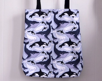 Whale tote bag, whale gifts, marine biology gift, marine life gifts, blue whale bag, beluga whale gifts, patterned tote bag, grocery tote