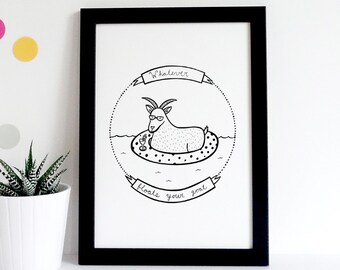 Arte de la cabra, juegos de palabras de animales, ilustración divertida, arte animal imprimible, arte descargable, dibujo de cabra, arte blanco y negro, arte animal divertido