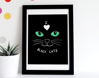 I Love Black Cats 8 x 10 print, digital download, instant download, downloadable art, black cat art, cat art, cat art print, cat lady