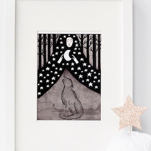 Black and white art print "Cloaking the Night Forest" (8.5 by 11"), nature art print, children's art prints, trees art print, animal print