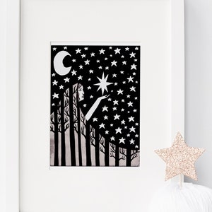 Black and white art print "Engulfed by the Night" (8.5 by 11"), nature art prints, children's art, nature illustration, trees art print