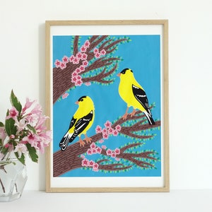 Goldfinch art, goldfinch bird, birds and flowers print, birds in trees, birds printable, bird illustration, animal digital print