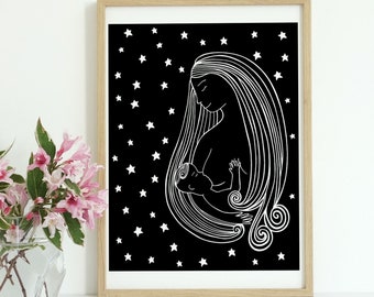 Breastfeeding printable art, breastfeeding wall art, nursing mother, gift for new mom, mother and child art, black and white art