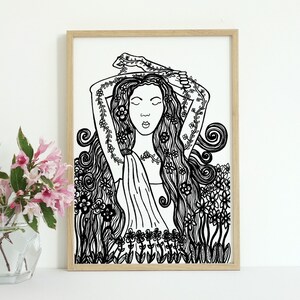 Black and white art print "Anthousai", 5 x 7, digital downloads, downloadable art, nature art, woman art print, nature goddess art print