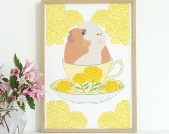 Guinea pig print, printable wall art, 4x6 art print, teacup art, guinea pig art, guinea pig gifts, botanical wall art, cute digital prints