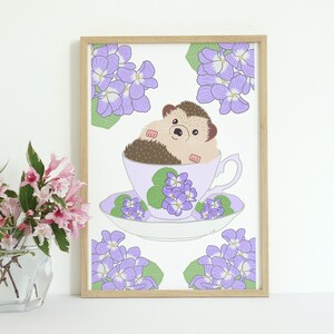Hedgehog printable wall art, 4x6 art print, teacup art, botanical wall art, cute digital prints, animal printable, instant download