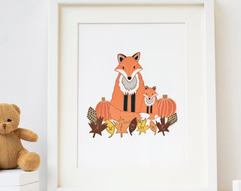 Automne (Autumn) fox family print, 5 x 7, digital download, instant download, downloadable art, children's decor, fox art, nursery decor