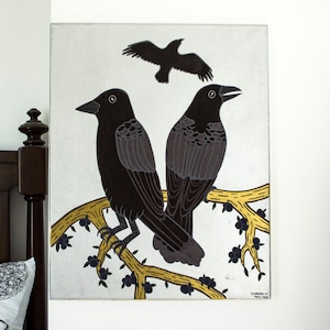 Crow painting, original painting, bird painting, bird lover gift, bird art, animal illustration, bird wall decor, nature illustration