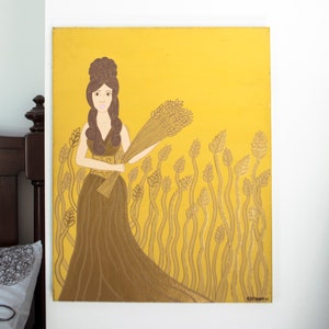 Greek goddess art original painting, yellow canvas, yellow wall art, nature illustration, wheat art, feminine wall art, nature lover gift