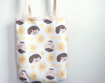 Hedgehog tote, hedgehog bag, sunflower tote bag, floral bag, cute tote bag, grocery tote, hedgehog art, animal tote bag, cute flowers