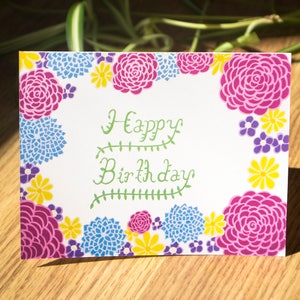 Floral happy birthday greeting card, handmade card, floral card, original art, hand-painted card