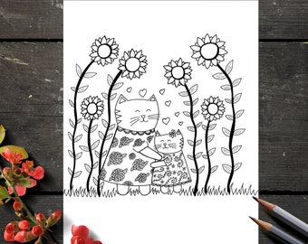 I Love Mom cats downloadable colouring sheet, 8.5 x 11", instant downloads, art for kids, cat illustration, gift for kids, mother's day