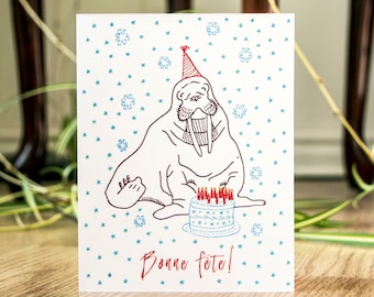Carte de fête, carte de souhaits, carte de voeux, carte illustrée, carte de fête drôle, illustration animal, party animal, morse, bonne fête