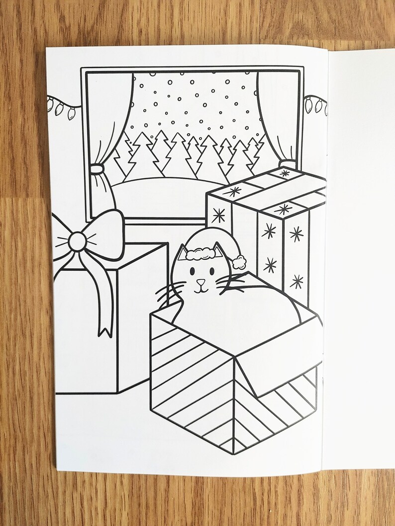 May include: A black and white illustration of a cat wearing a Santa hat inside a striped box. The cat is looking out of the box. There is a window behind the cat with a snowy scene outside. There are two wrapped presents in the image.