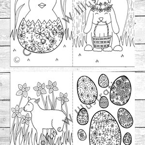 May include: A black and white coloring page featuring four Easter-themed illustrations. The top left image shows a chick inside an egg decorated with flowers. The top right image shows a bunny with a bird on its head holding a basket. The bottom left image shows a lamb in a field of flowers. The bottom right image shows a collection of eggs decorated with different patterns.