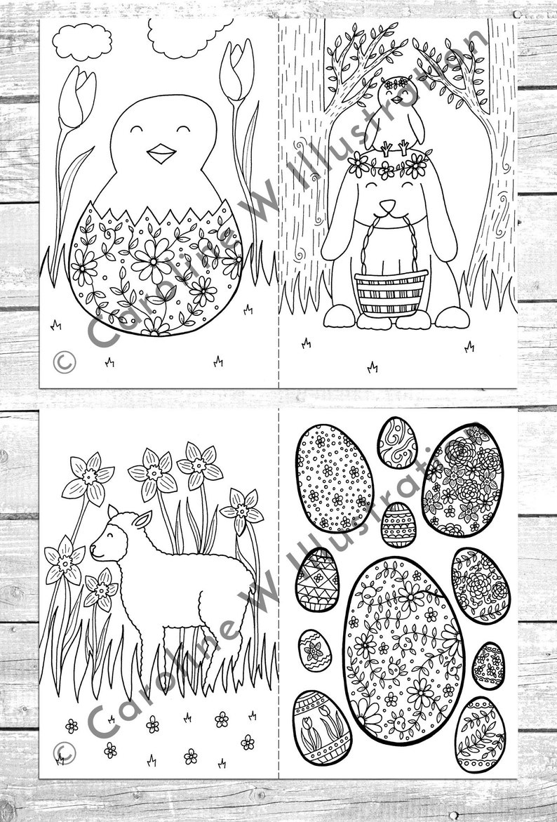 May include: A black and white coloring page featuring four Easter-themed illustrations. The top left image shows a chick inside an egg decorated with flowers. The top right image shows a bunny with a bird on its head holding a basket. The bottom left image shows a lamb in a field of flowers. The bottom right image shows a collection of eggs decorated with different patterns.