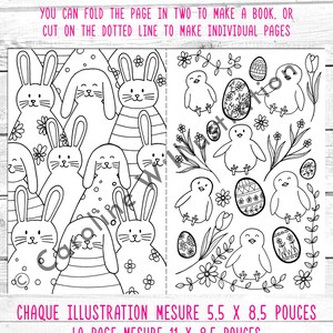 May include: Black and white coloring page featuring two illustrations. The first illustration is of bunnies with Easter eggs and flowers. The second illustration is of chicks with Easter eggs and flowers. The text "ILLUSTRATIONS MEASURE 5.5 X 8.5 INCHES" is at the top of the page. The text "WHOLE SHEET MEASURES 11 X 8.5 INCHES" is below the first line of text. The text "YOU CAN FOLD THE PAGE IN TWO TO MAKE A BOOK. OR CUT ON THE DOTTED LINE TO MAKE INDIVIDUAL PAGES" is below the second line of text. The text "CHAQUE ILLUSTRATION MESURE 5.5 X 8.5 POUCES" is at the bottom of the page. The text "LA PAGE MESURE 11 X 8.5 POUCES" is below the first line of text. The text "VOUS POUVEZ PLIER LA PAGE EN DEUX POUR CR&Eacute;ER UN LIVRE, OU COUPER LE LONG DE LA LIGNE POINTILL&Eacute;E POUR FAIRE DES PAGES INDIVIDUELLES" is below the second line of text.