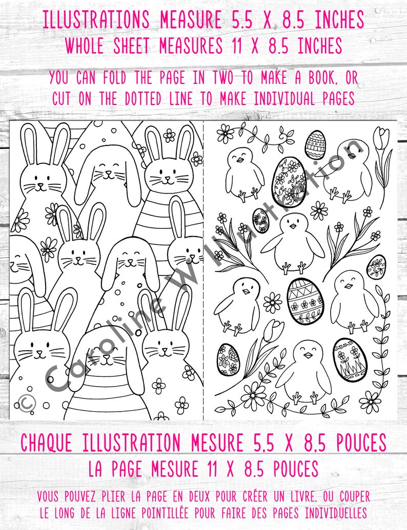 May include: Black and white coloring page featuring two illustrations. The first illustration is of bunnies with Easter eggs and flowers. The second illustration is of chicks with Easter eggs and flowers. The text "ILLUSTRATIONS MEASURE 5.5 X 8.5 INCHES" is at the top of the page. The text "WHOLE SHEET MEASURES 11 X 8.5 INCHES" is below the first line of text. The text "YOU CAN FOLD THE PAGE IN TWO TO MAKE A BOOK. OR CUT ON THE DOTTED LINE TO MAKE INDIVIDUAL PAGES" is below the second line of text. The text "CHAQUE ILLUSTRATION MESURE 5.5 X 8.5 POUCES" is at the bottom of the page. The text "LA PAGE MESURE 11 X 8.5 POUCES" is below the first line of text. The text "VOUS POUVEZ PLIER LA PAGE EN DEUX POUR CR&Eacute;ER UN LIVRE, OU COUPER LE LONG DE LA LIGNE POINTILL&Eacute;E POUR FAIRE DES PAGES INDIVIDUELLES" is below the second line of text.