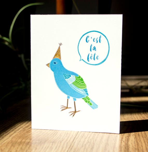 C'est ta fête carte de souhaits, carte de voeux, illustration oiseaux, party animal, fait au québec, carte de fête drole, oiseau bleu