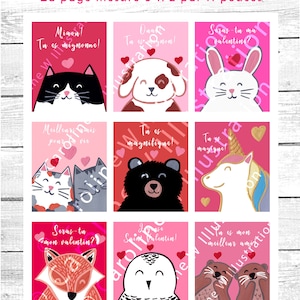 May include: Nine printable Valentine's Day cards featuring various animals and cute messages. Each card measures 2.5 inches by 3 inches. The page measures 8.5 inches by 11 inches.